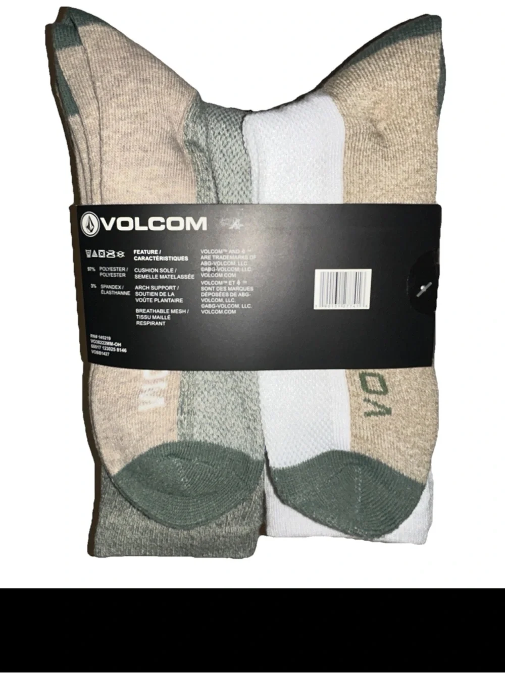 Volcom Cushioned Crew Socks 8 Pair Men 6-12 White Brown Green w Logos Ride NEW!
